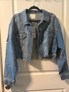 Zara Light Blue Cropped Denim Jacket with Heart Stitch